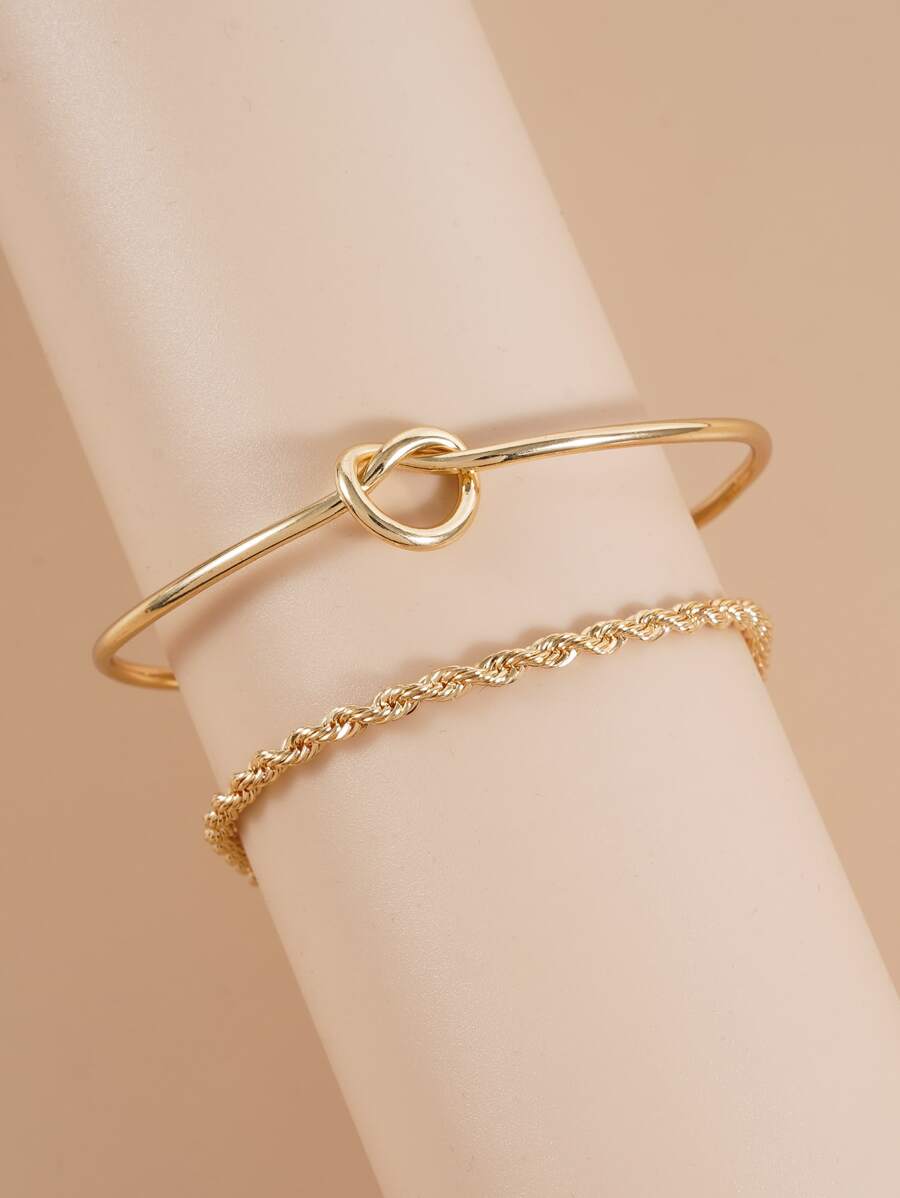 Knot Detail Twist Bracelet Set Silver Tone Daily Wear
