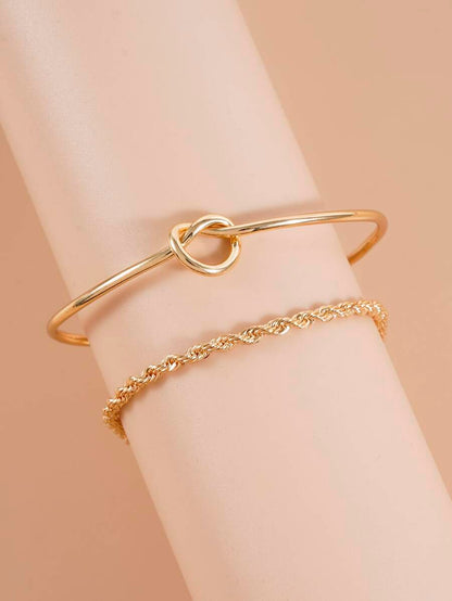 Knot Detail Twist Bracelet Set Silver Tone Daily Wear