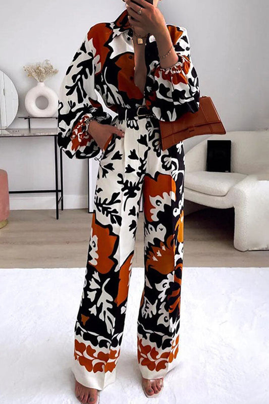 Casual Print Patchwork Buckle Turndown Collar Long Sleeve Two Pieces