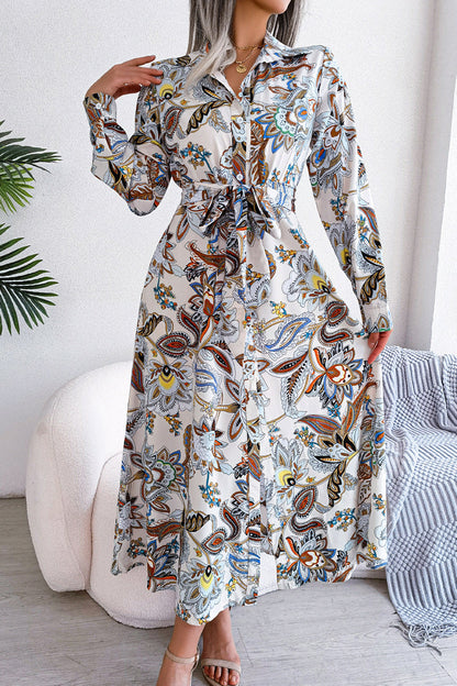 Floral Frenulum Buckle Turndown Collar One Step Skirt Dresses(3 Colors)