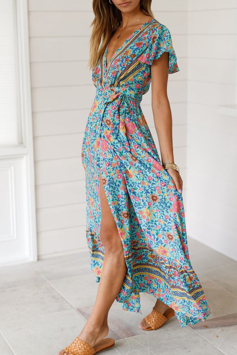 Sexy Elegant Print V Neck A Line Dresses(10 Colors)