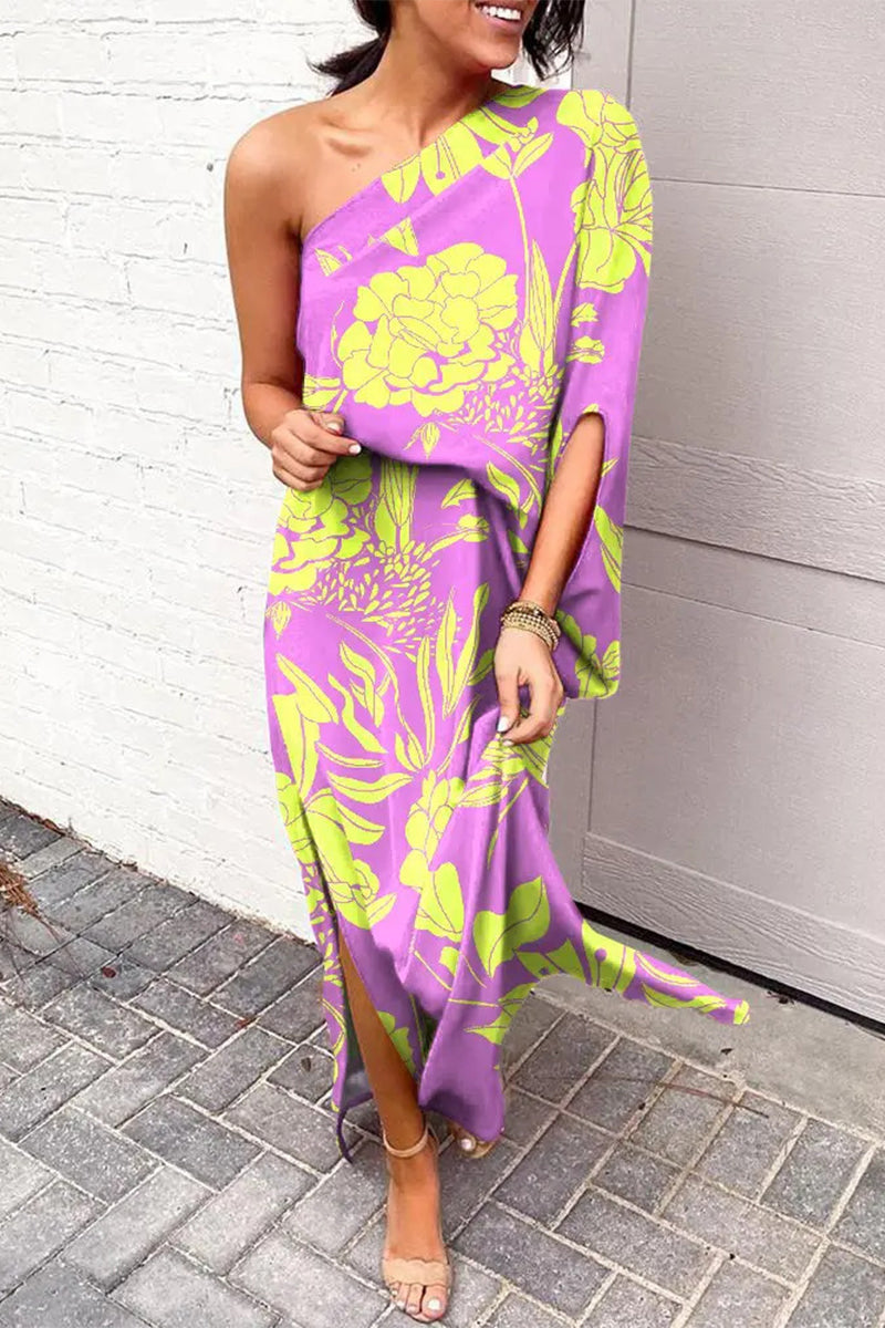 Casual Vacation Print Patchwork Oblique Collar Irregular Dress Dresses(17 Colors)