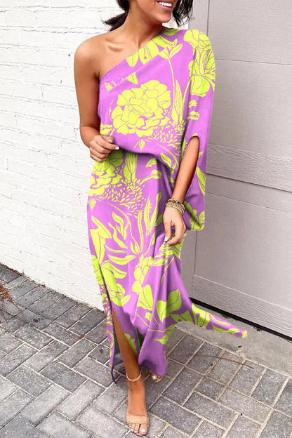 Casual Vacation Print Patchwork Oblique Collar Irregular Dress Dresses(17 Colors)