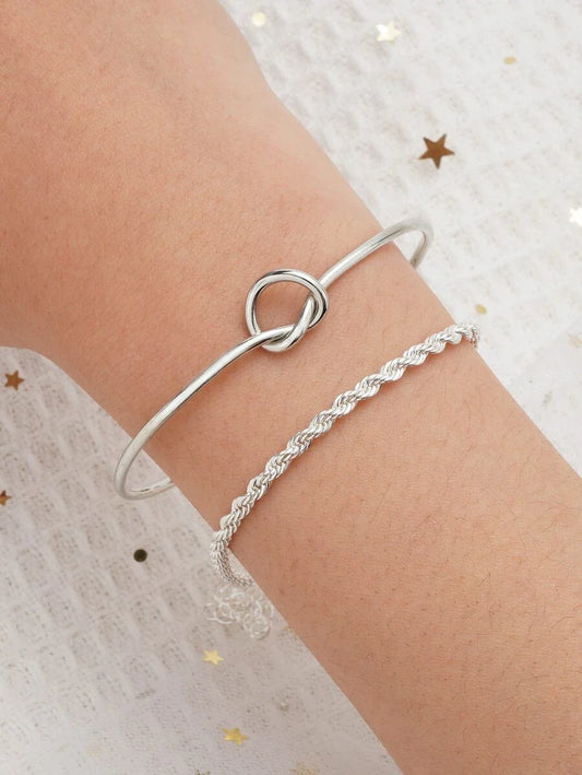 Knot Detail Twist Bracelet Set Silver Tone Daily Wear
