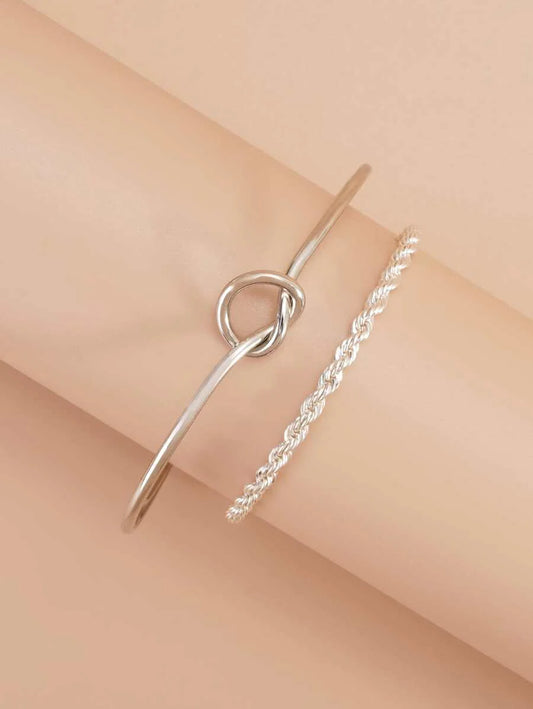 Knot Detail Twist Bracelet Set Silver Tone Daily Wear