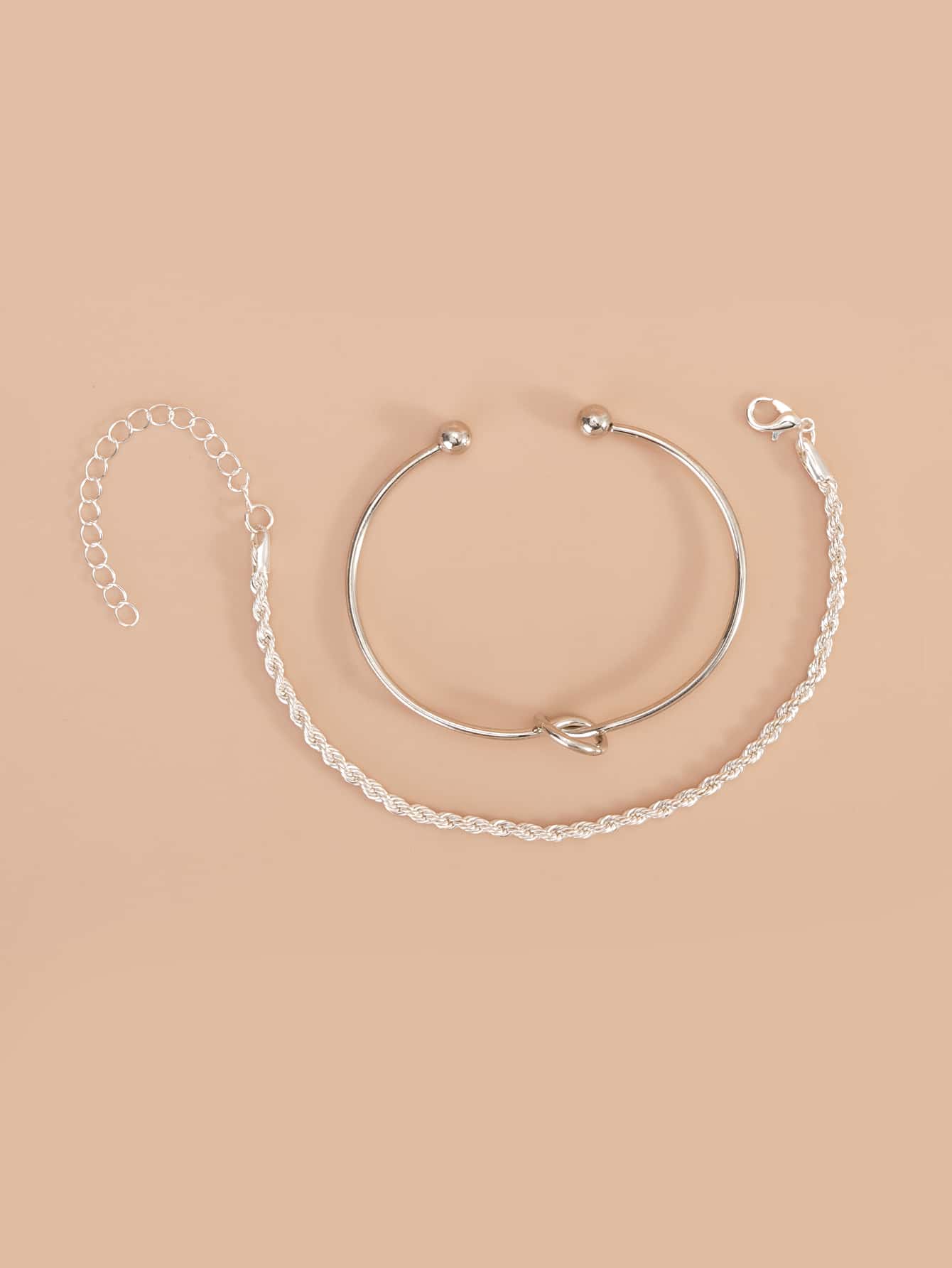 Knot Detail Twist Bracelet Set Silver Tone Daily Wear