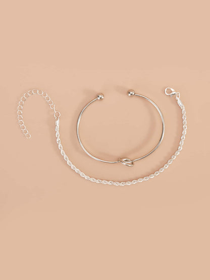 Knot Detail Twist Bracelet Set Silver Tone Daily Wear