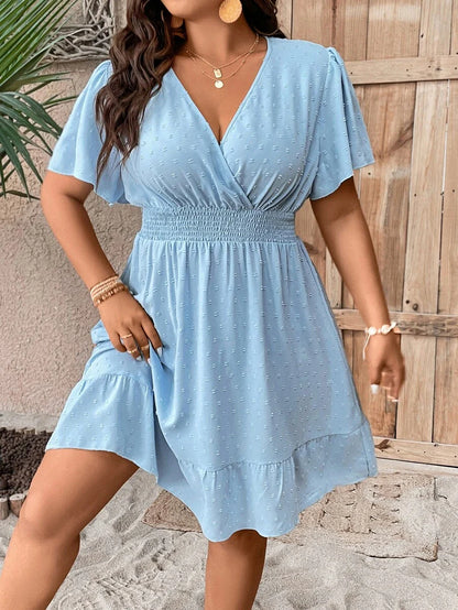 Plus Size V Neck Ruffle Dress With Cinched Waist Fit