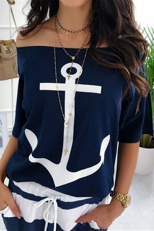 Casual Street Print Patchwork Off the Shoulder T-Shirts(3 Colors)