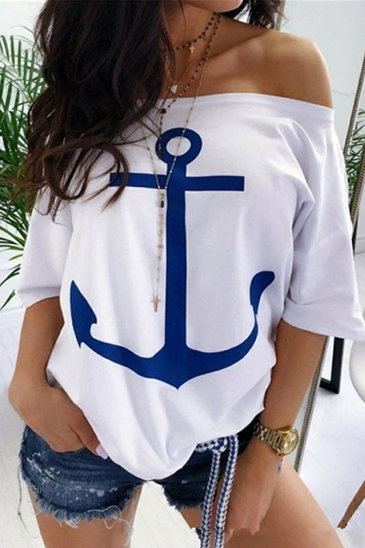 Casual Street Print Patchwork Off the Shoulder T-Shirts(3 Colors)
