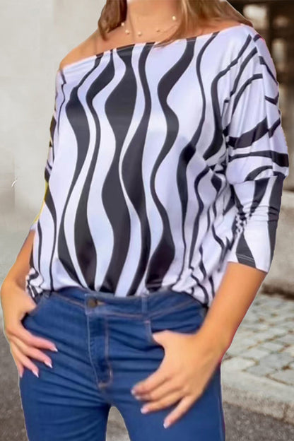 Work Elegant Print Patchwork Oblique Collar T-Shirts(7 Colors)