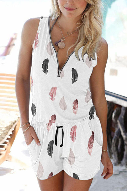 Casual Sportswear Print Pocket Zipper V Neck Loose Jumpsuits(12 Colors)