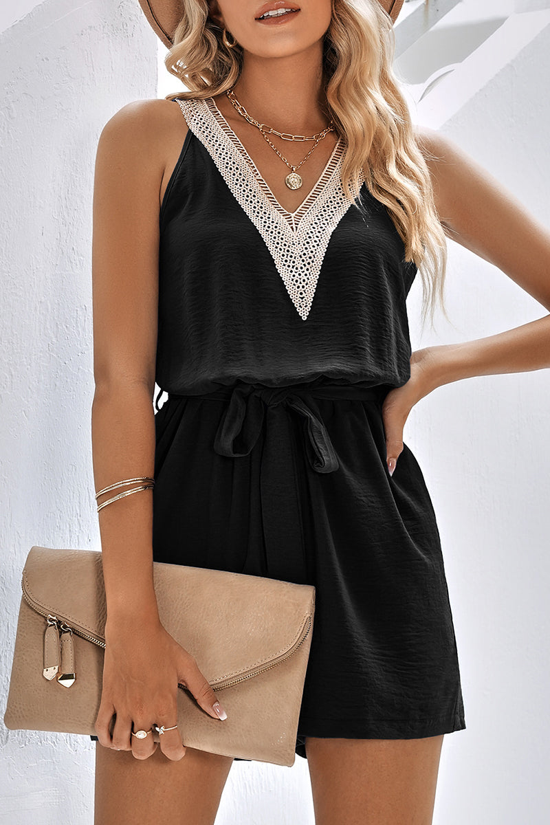 Casual Simplicity Solid Patchwork V Neck Loose Rompers