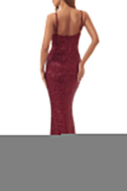 Elegant Formal Solid Sequins V Neck Evening Dress Dresses