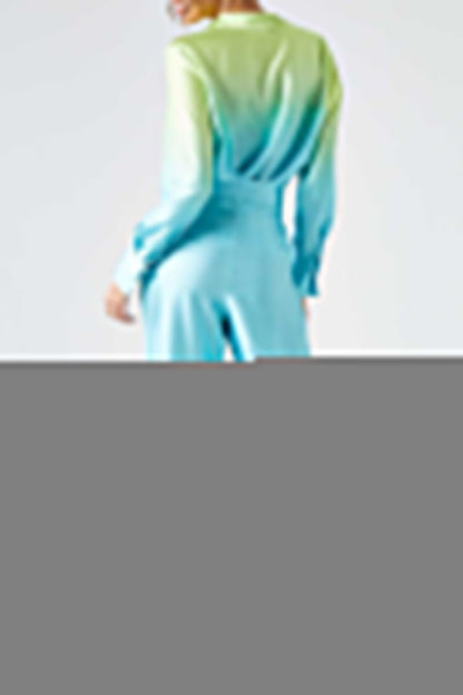 Casual Gradual Change Contrast Turndown Collar Long Sleeve Two Pieces(8 Colors)
