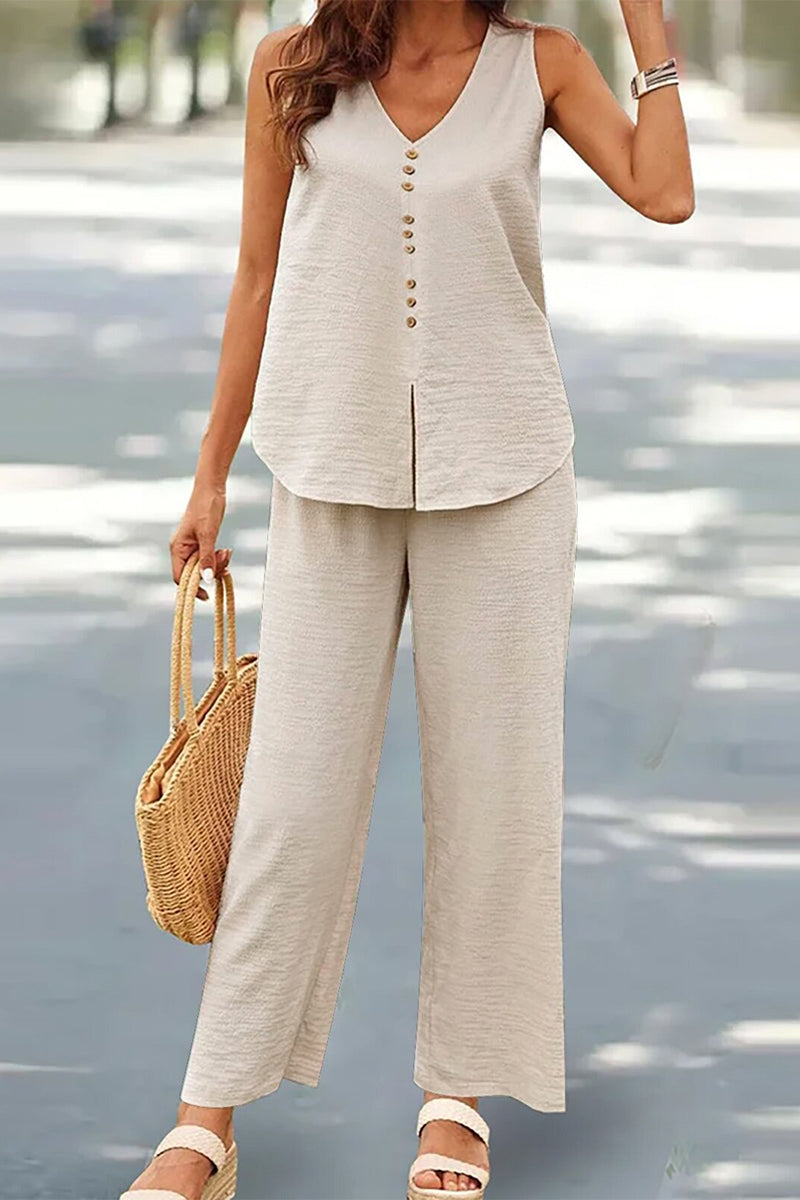 Casual Buttons V Neck Sleeveless Two Pieces(17 Colors)