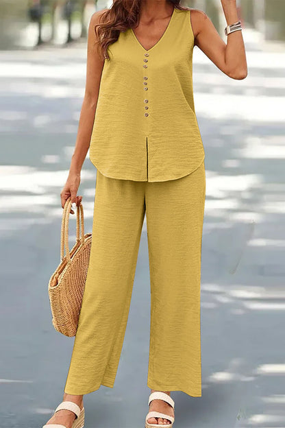 Casual Buttons V Neck Sleeveless Two Pieces(17 Colors)
