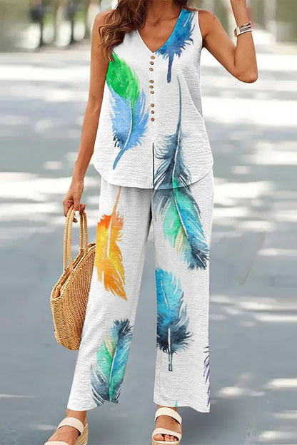 Casual Buttons V Neck Sleeveless Two Pieces(17 Colors)