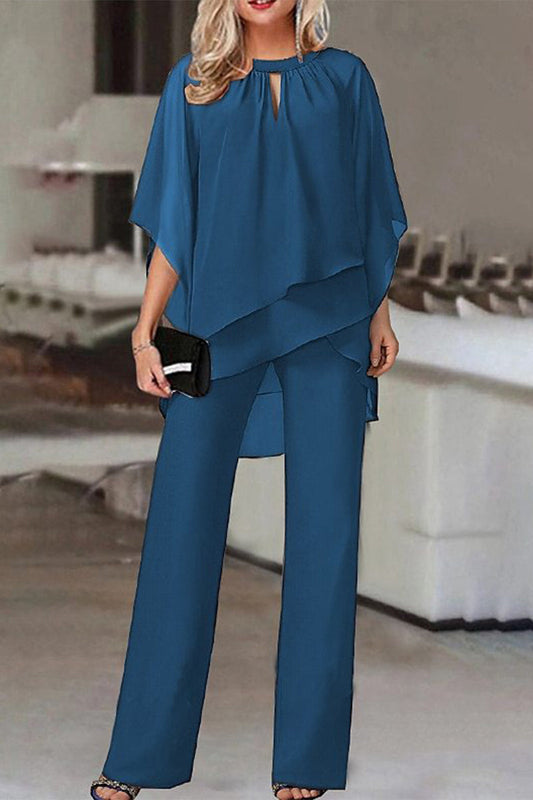Casual Simplicity Solid Patchwork Asymmetrical O Neck Half Sleeve Two Pieces(4 Colors)