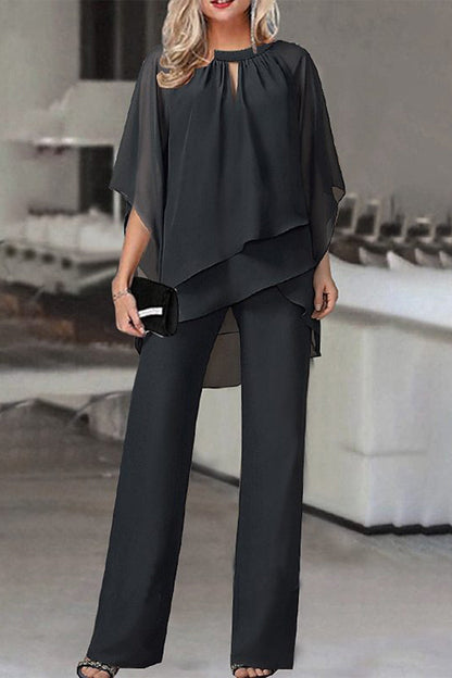 Casual Simplicity Solid Patchwork Asymmetrical O Neck Half Sleeve Two Pieces(4 Colors)