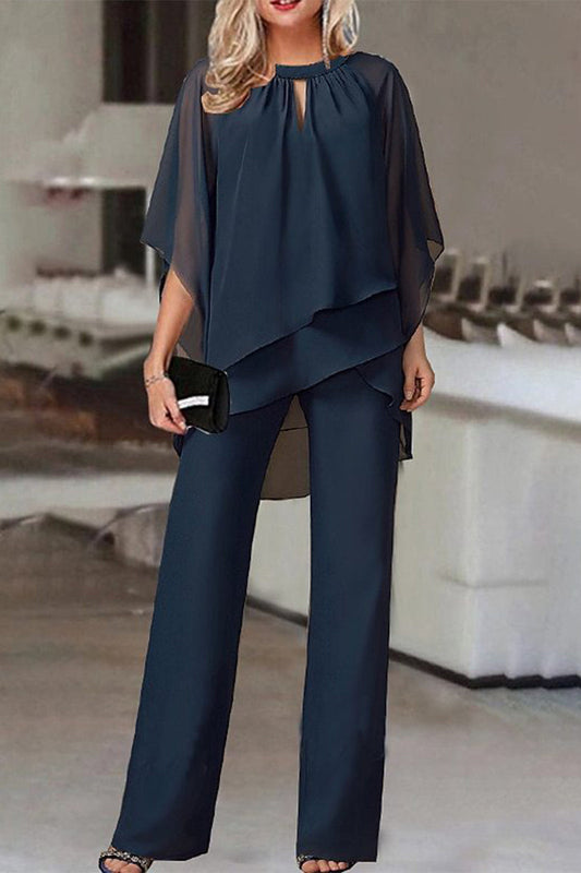 Casual Simplicity Solid Patchwork Asymmetrical O Neck Half Sleeve Two Pieces(4 Colors)