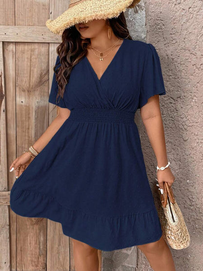 Plus Size V Neck Ruffle Dress With Cinched Waist Fit