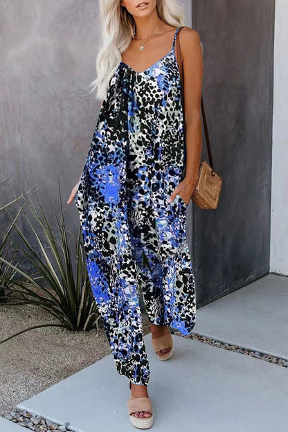 Casual Street Print Pocket V Neck Loose Jumpsuits