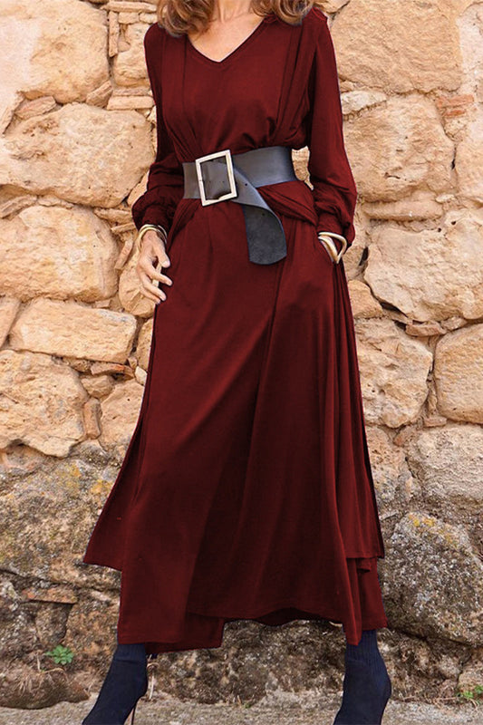 Casual Solid With Belt V Neck Long Sleeve Two Pieces(3 Colors)