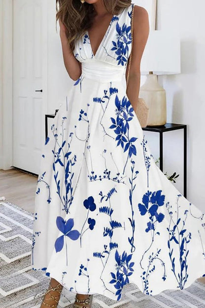 Casual Print Patchwork V Neck Sleeveless Dresses(4 Colors)