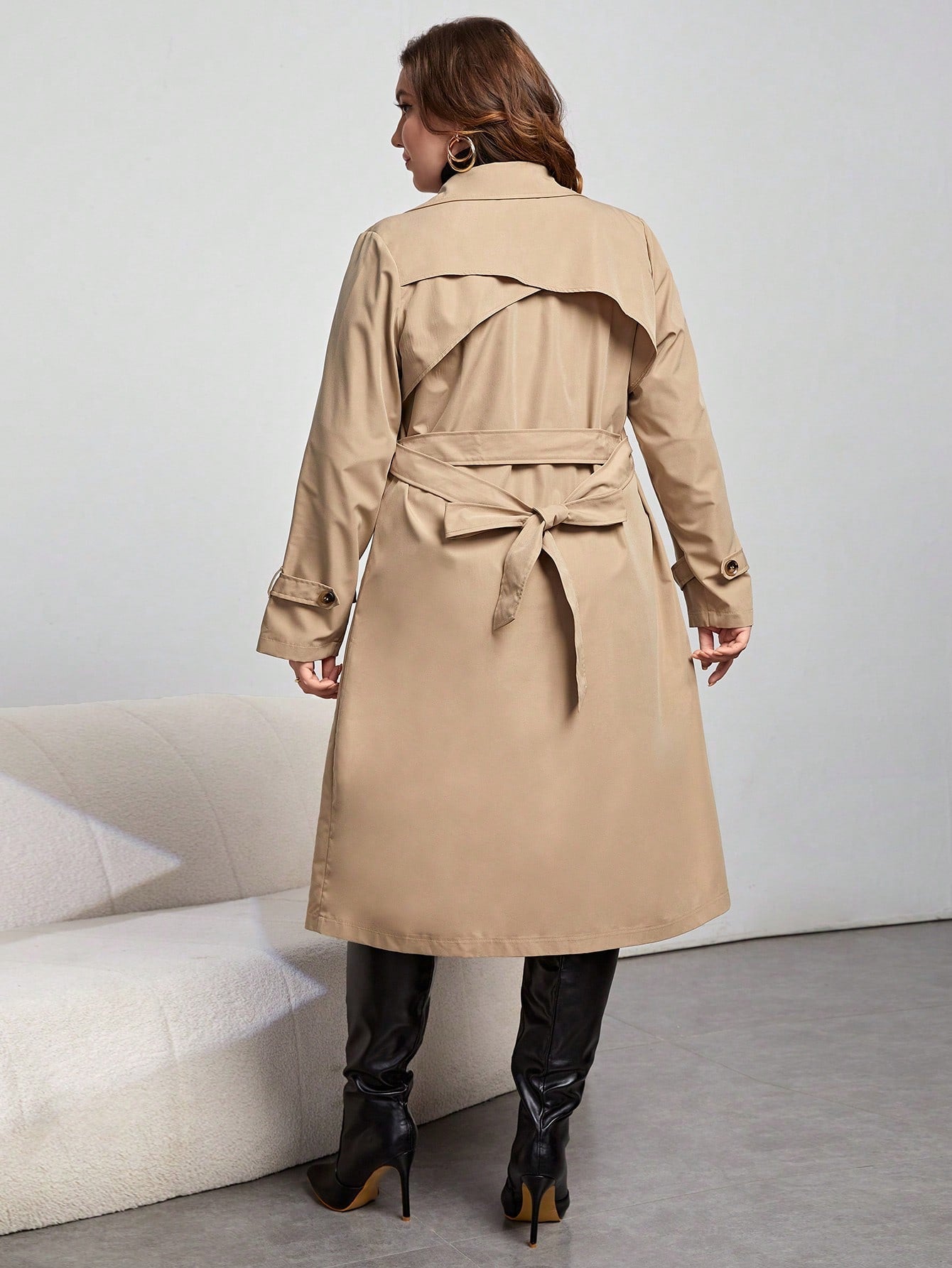 Lapel Belted Double Breasted Trench Coat Khaki Winter Ready