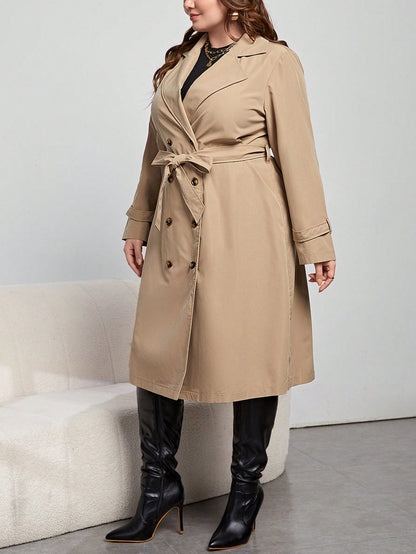 Lapel Belted Double Breasted Trench Coat Khaki Winter Ready