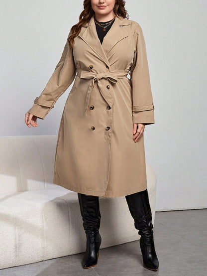 Lapel Belted Double Breasted Trench Coat Khaki Winter Ready