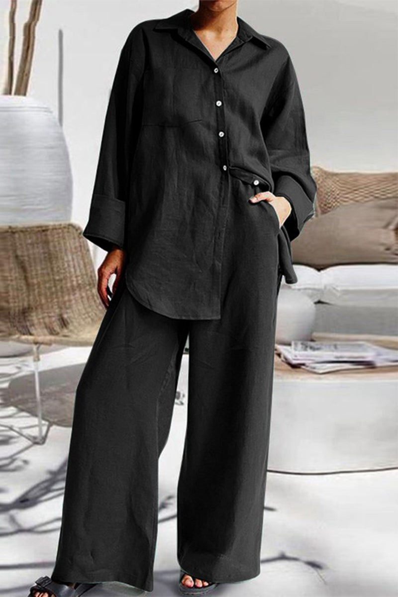 Casual Simplicity Solid Pocket Turndown Collar Long Sleeve Two Pieces(6 Colors)