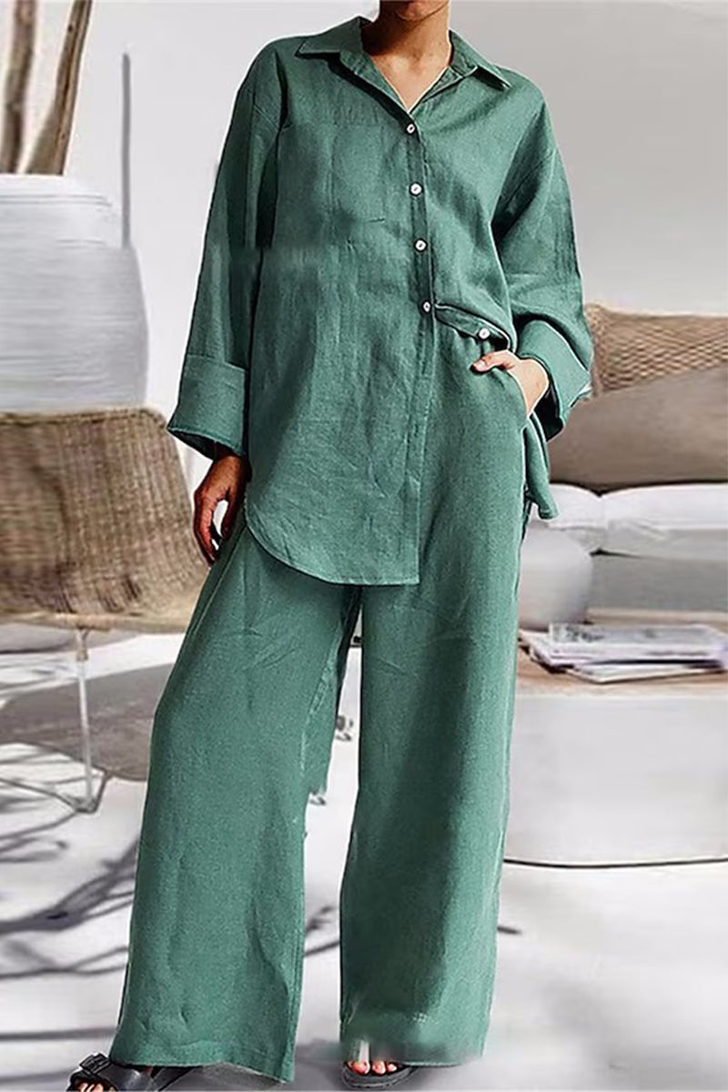 Casual Simplicity Solid Pocket Turndown Collar Long Sleeve Two Pieces(6 Colors)