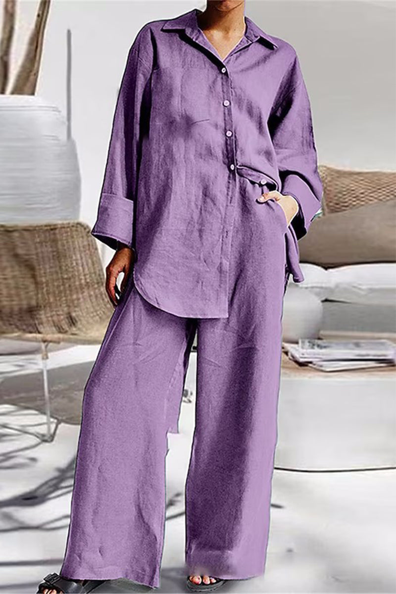 Casual Simplicity Solid Pocket Turndown Collar Long Sleeve Two Pieces(6 Colors)