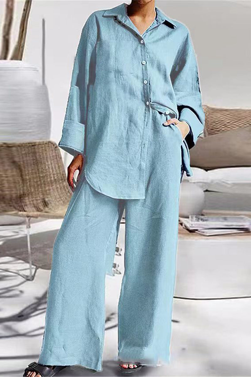 Casual Simplicity Solid Pocket Turndown Collar Long Sleeve Two Pieces(6 Colors)