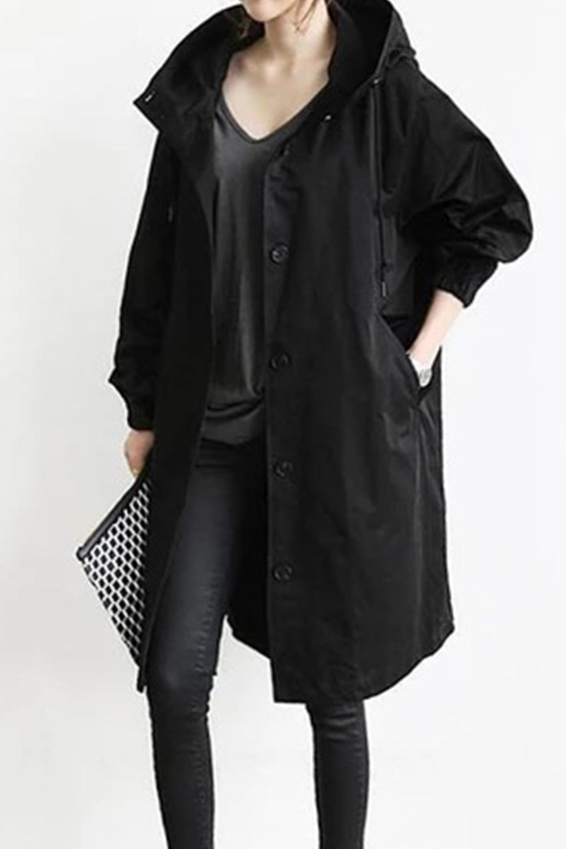 British Style Solid Pocket Buttons Hooded Collar Outerwear