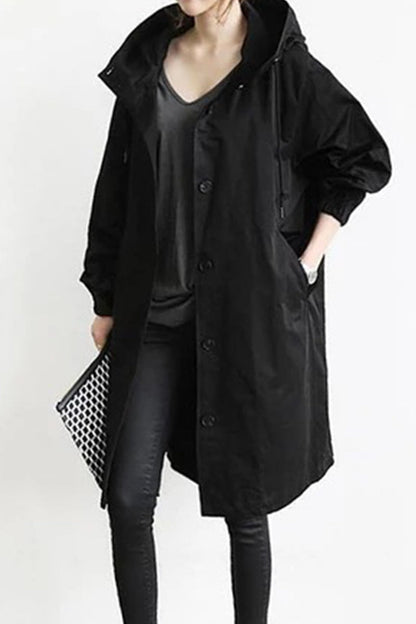 British Style Solid Pocket Buttons Hooded Collar Outerwear