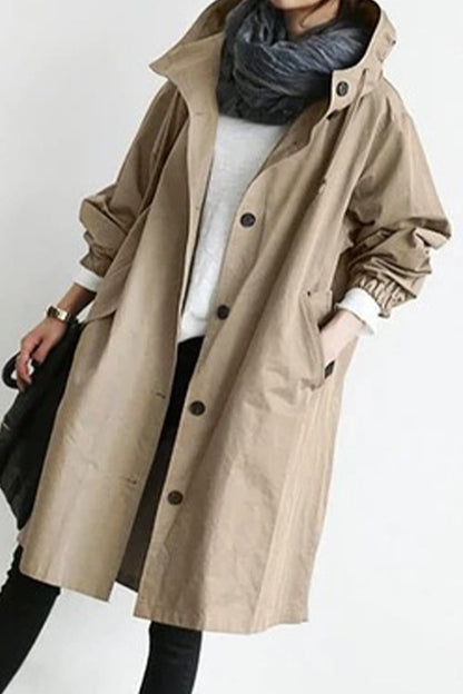 British Style Solid Pocket Buttons Hooded Collar Outerwear