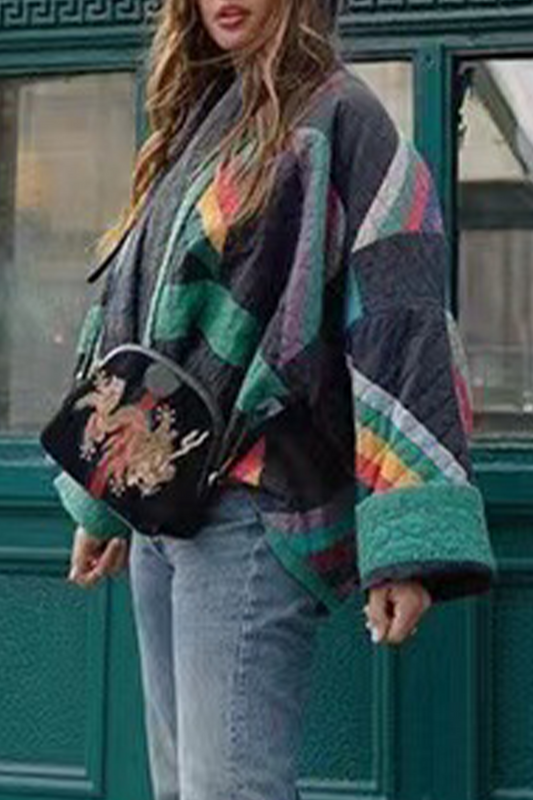 British Style Vintage Color Block Contrast Turndown Collar Outerwear