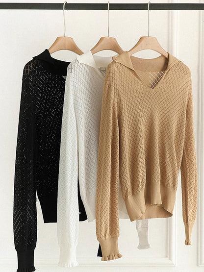 Ashley Classic V-Neck Hollow Solid Color Knitted Top-Camel