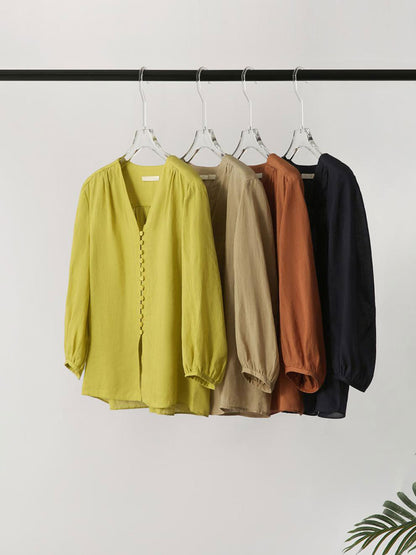 Molly Elegant Puff Sleeve Loose Shirt-Khaki