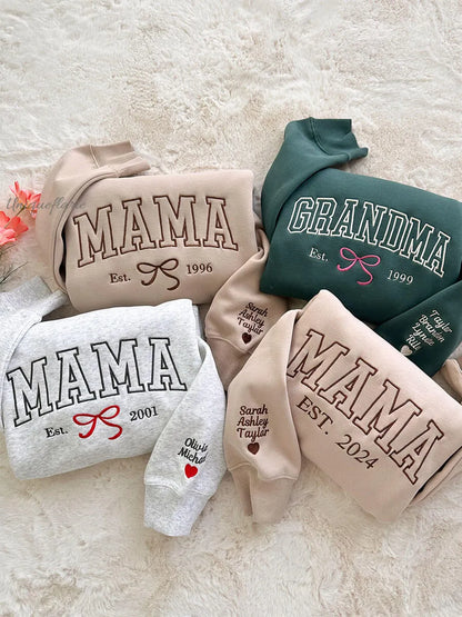 Personalized MAMA Embroidered Bow Sweatshirt with Names on Sleeve