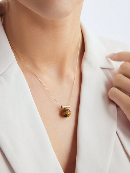 Geometric Tiger Eye Pendant Necklace Gold Plated 18K Luxury