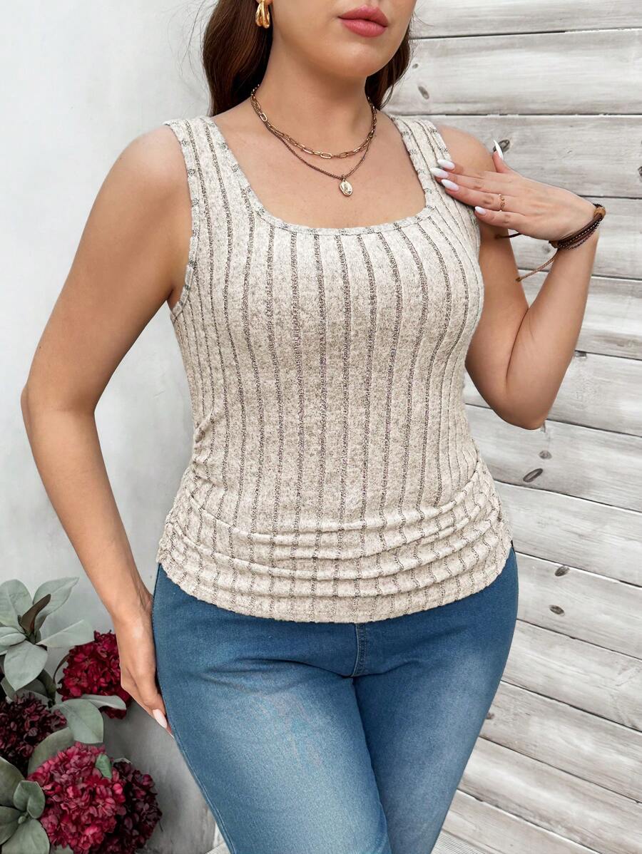Plus Size Apricot Square Neck Ribbed Tank Top Comfort