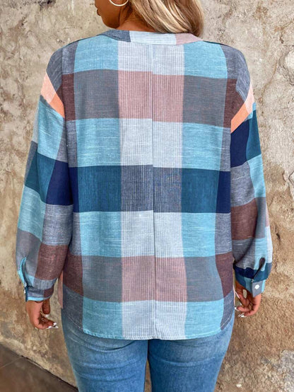 Plus Size Plaid Drop Shoulder Blouse Casual Wear Loose Fit