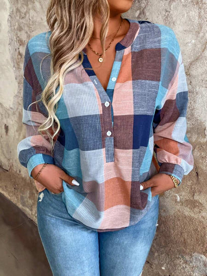 Plus Size Plaid Drop Shoulder Blouse Casual Wear Loose Fit