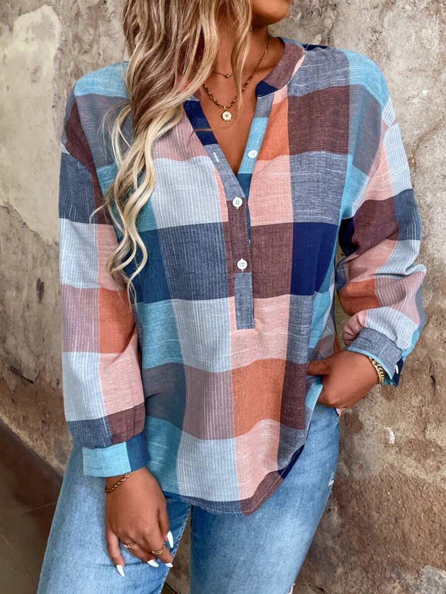 Plus Size Plaid Drop Shoulder Blouse Casual Wear Loose Fit