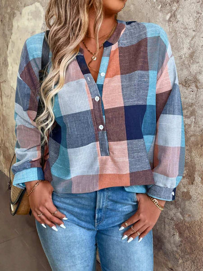 Plus Size Plaid Drop Shoulder Blouse Casual Wear Loose Fit