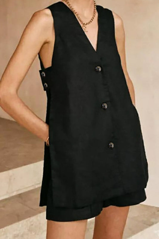 Casual British Style Solid Pocket Buckle V Neck Sleeveless Two Pieces(3 Colors)